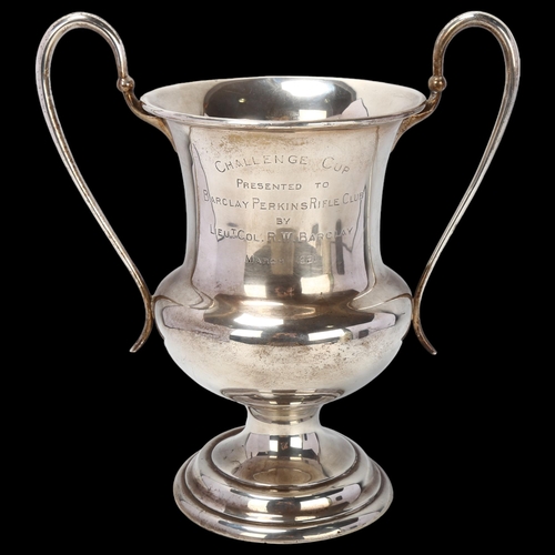 1763 - A George V silver 2-handled pedestal trophy cup, no maker, London 1919, Challenge cup presented to B... 