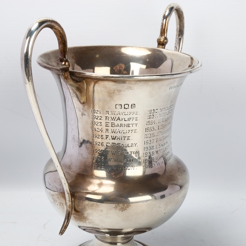 1763 - A George V silver 2-handled pedestal trophy cup, no maker, London 1919, Challenge cup presented to B... 