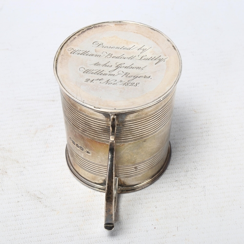 1779 - A George IV silver half pint christening mug, Charles Fox, London 1828, tapered cylindrical form, wi... 