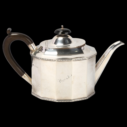 1783 - A George V silver teapot, S Blanckensee & Son Ltd, Birmingham 1925, faceted oval form, with turned w... 