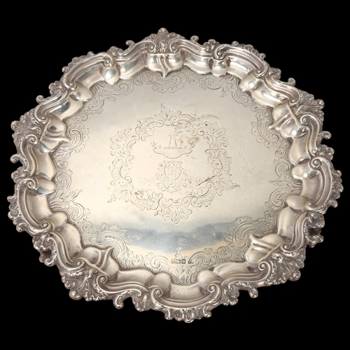 1796 - A late Victorian circular silver salver, WW Harrison & Co, Sheffield 1898, bright-cut engraved folia... 