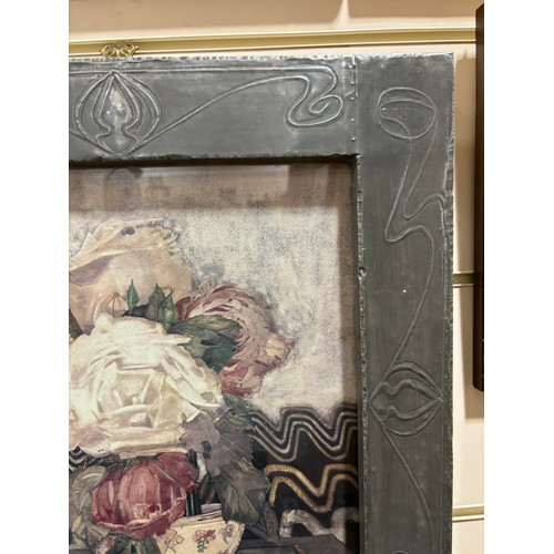 375 - After Charles Rennie Macintosh, white roses, colour print, in embossed pewter frame, overall frame d... 