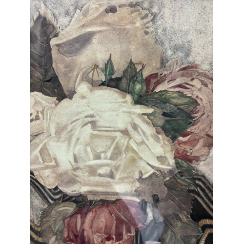 375 - After Charles Rennie Macintosh, white roses, colour print, in embossed pewter frame, overall frame d... 