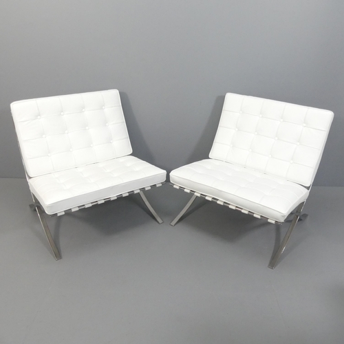 2038 - A pair of white leather upholstered Barcelona style chairs. Overall approximately 77x82x75cm, seat 7... 