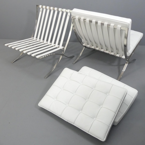 2038 - A pair of white leather upholstered Barcelona style chairs. Overall approximately 77x82x75cm, seat 7... 