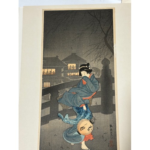 574 - Shotei (Hiroki Takahashi) (1871 - 1945), 2 Japanese colour woodblock prints, cold winter wind, and w... 