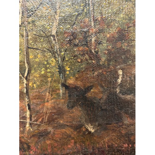 413 - Deer in woodland, 19th century Continental oil on canvas, indistinctly signed, 30cm x 40cm, framed