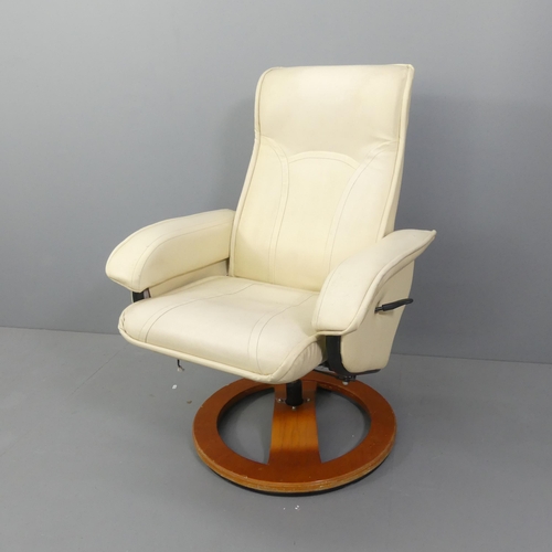 2046 - A modern white faux leather upholstered Ekornes style reclining swivel lounge chair.