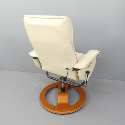 2046 - A modern white faux leather upholstered Ekornes style reclining swivel lounge chair.