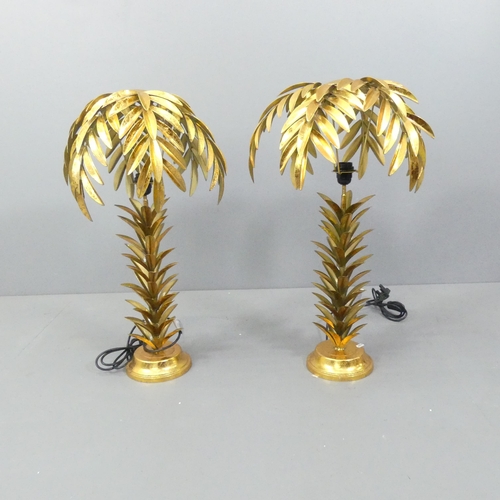 2052 - A pair of contemporary Hollywood Regency style palm leaf design table lamps and shades, Height 74cm.