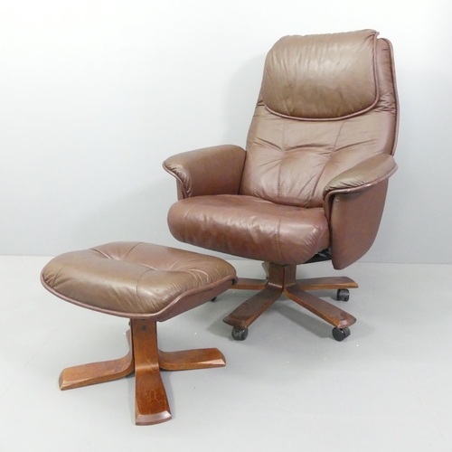 2053 - SKOGHAUG INDUSTRI - A mid-century Norwegian brown-leather upholstered reclining swivel lounge chair,... 