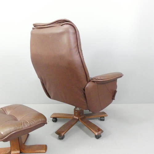 2053 - SKOGHAUG INDUSTRI - A mid-century Norwegian brown-leather upholstered reclining swivel lounge chair,... 