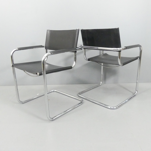 2057 - A set of six mid-century style cantilever arm chairs in the manner of Mart Stam S34, with black leat... 