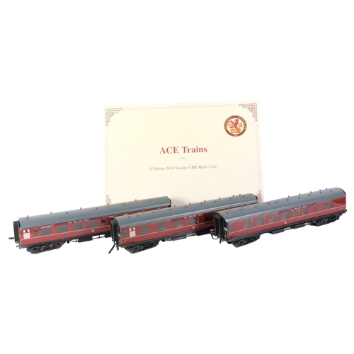 84 - ACE TRAINS - a set of 3 Vintage style gauge O British Rail Mark I coaches, in maroon, with 