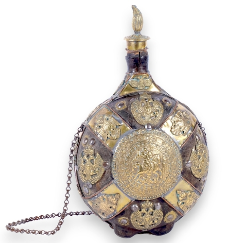 149 - A 19th century Russian powder flask, of coopered form, with applied brass decoration, double-headed ... 