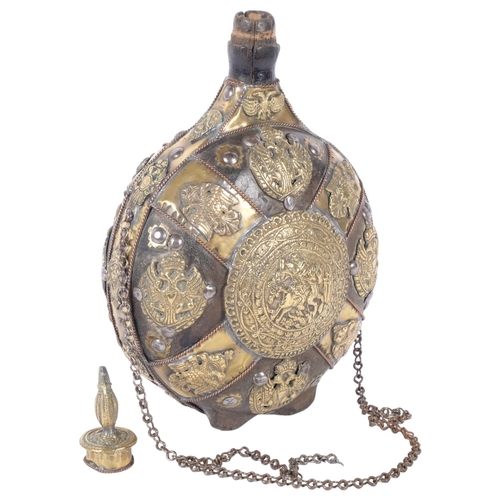 149 - A 19th century Russian powder flask, of coopered form, with applied brass decoration, double-headed ... 