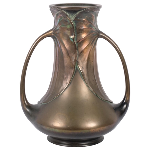 152 - A large stylised Art Nouveau bronze 2-handled vase, with gathered lotus leaf design sign, possibly f... 