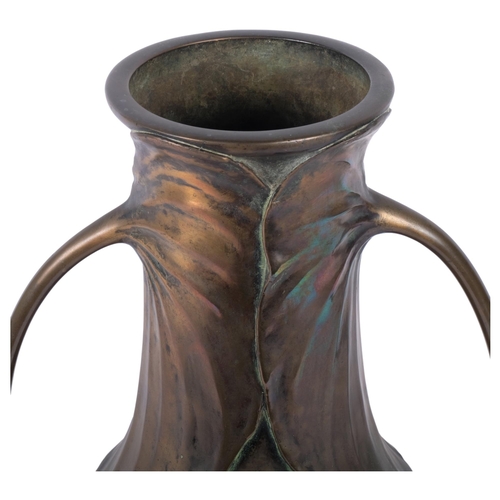 152 - A large stylised Art Nouveau bronze 2-handled vase, with gathered lotus leaf design sign, possibly f... 