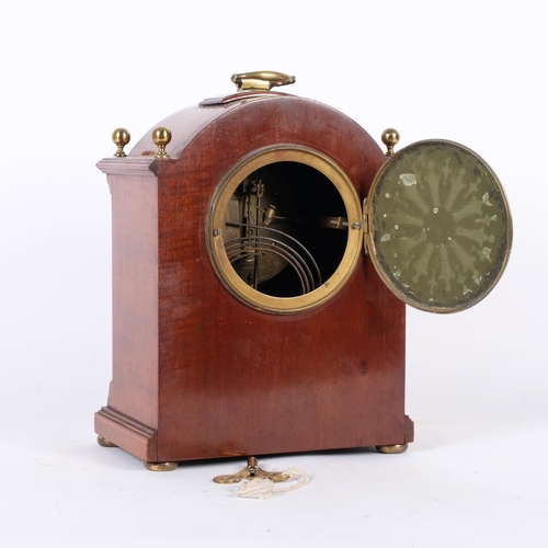 182 - An Edwardian mahogany and satinwood-banded arch-top mantel clock, white enamel dial and Roman numera... 