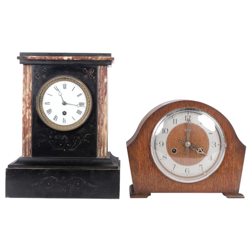 184 - Victorian slate and marble cased 8-day mantel clock, 8-day movement, H31cm, and an oak-cased dome-to... 