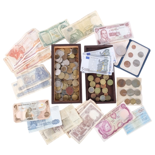 309 - A collection of various pre-decimal and foreign coins, various banknotes including euros