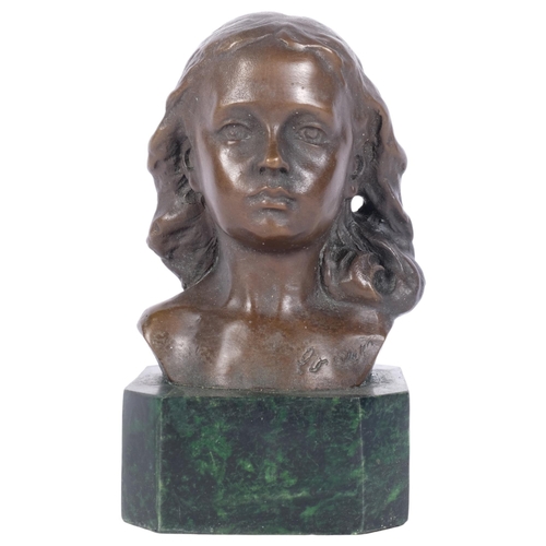 310 - A small bronze bust of a young girl, mounted on a green marble stand, H16cm