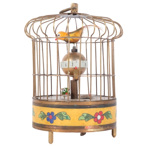 314 - A brass and cloisonne decorated bird cage design clock automaton, H20cm