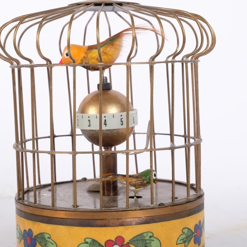 314 - A brass and cloisonne decorated bird cage design clock automaton, H20cm