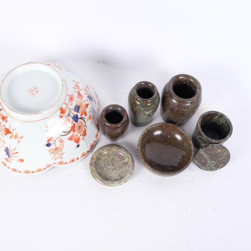 340 - A group of serpentine vases and pin dishes, largest height 10cm, and a reproduction Imari style peta... 