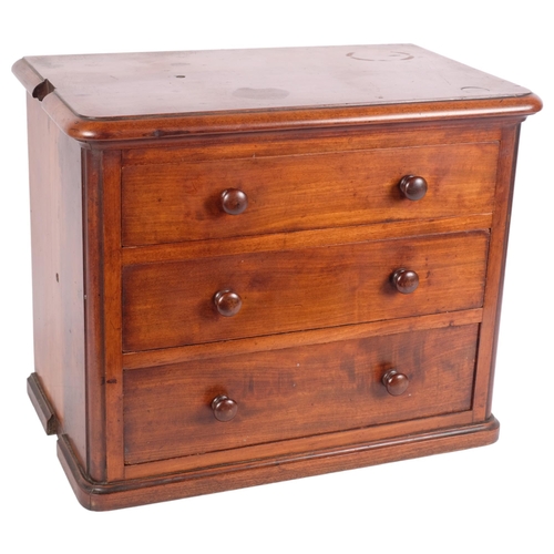 346 - A mahogany table-top chest of 3 long drawers, H33cm, L40cm, D25cm, chest appears to have been previo... 