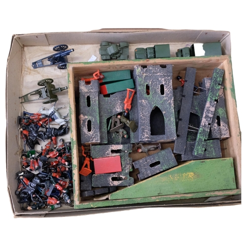 121 - A Vintage hand-built wooden fort, and a group of plastic and metal hand painted figurines, mostly in... 