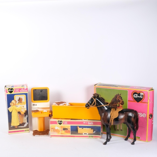 142 - SINDY, PEDIGREE TOYS - a Sindy horse ref. 44569, Sindy's bath ref. 44540, Sindy's wash basin ref. 44... 