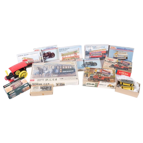 143 - A group of plastic model display kits, including an Airfix 32 scale 1910 E-type bus, several Keilkra... 