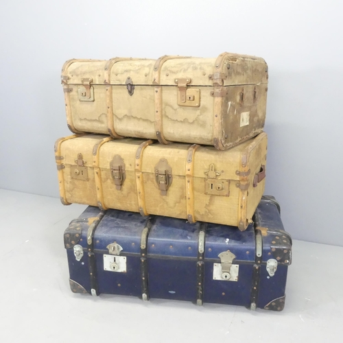 2679 - Three various vintage trunks. Largest labelled HMF. 93x35x55cm. (3)