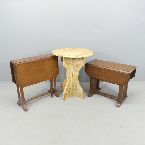 2684 - A circular decoupage decorated side table, 50x62cm, and two similar small drop-leaf occasional table... 