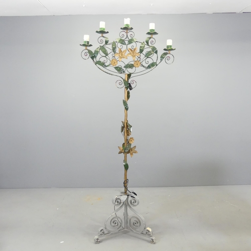 2686 - A French painted metal five light floor standing candelabra converted to electric. 75x180cm.