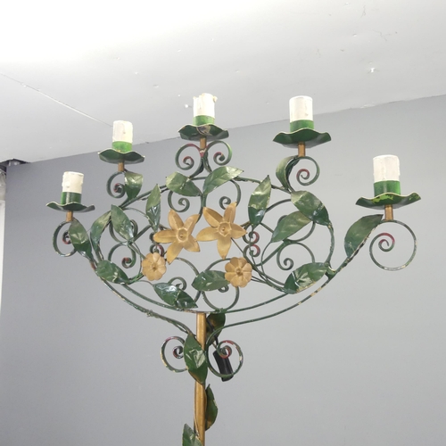 2686 - A French painted metal five light floor standing candelabra converted to electric. 75x180cm.