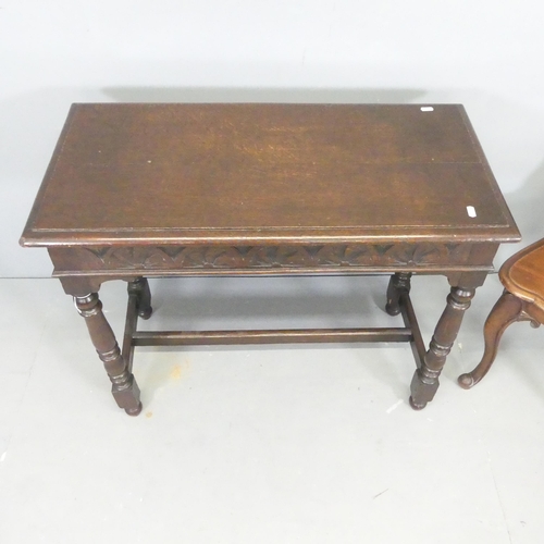 2690 - A Victorian mahogany shield back hall chair, and an antique carved oak hall table, 84x72x40cm. (2).