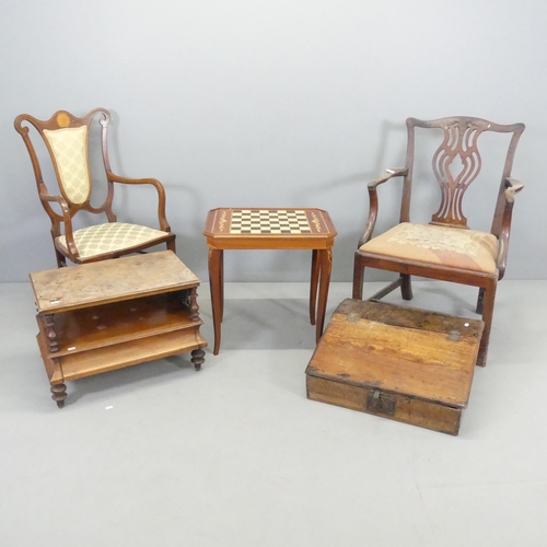 2691 - A Georgian mahogany Chippendale style open arm chair, an Edwardian chair, a Sorrento style games top... 