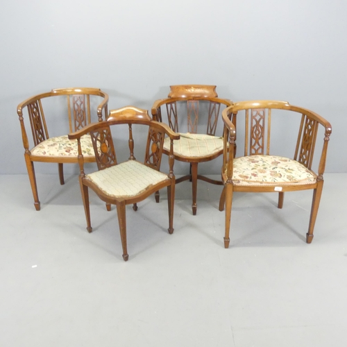 2698 - A pair of Edwardian mahogany and upholstered tub chairs, with pierced decoration and spade feet, and... 