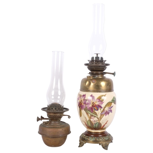 369 - An ornate oil lamp fitting, with brass stand and ceramic body, floral decoration, H60cm, and a Duple... 