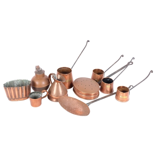 380 - A graduated set of copper cider ladles, a copper jelly mould, marked CM450, an unmarked copper water... 