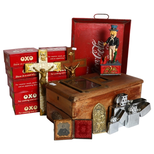 1012 - An early 20th century oak shop till, 10 x 20th century OXO cube tins, a Coca-Cola tray, graduated se... 