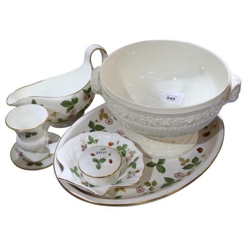 949 - Wedgwood, Wild Strawberry, serving platter, sauce boat, etc, and a Wedgwood Barlaston creamware 2-ha... 