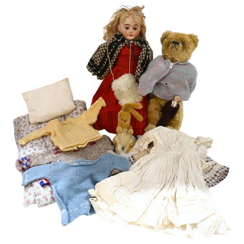 959 - Mohair Wilfred Rabbit Vintage toy, An early 20th century porcelain-headed doll, no maker's marks, jo... 