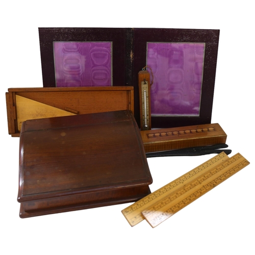 960 - An early 20th century boxwood rule set and divider, leather desk blotter, cubed marquetry pen box et... 