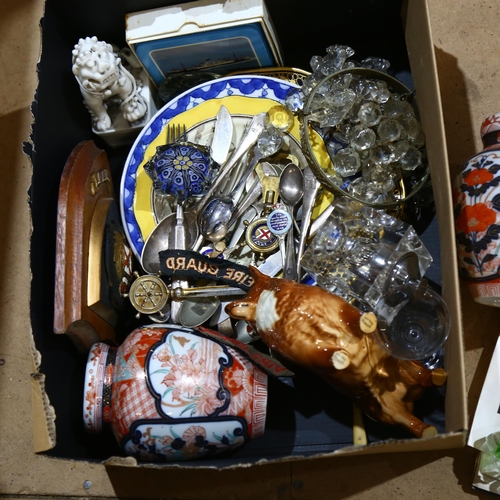 967 - A box of various items, including Art glass vase, pair of Chinese vases, lustre light fitting, Canto... 