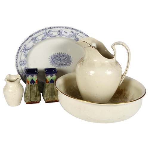 978 - Victorian blue and white oval meat plate, pair of Doulton vases, wash bowl, jug and vase