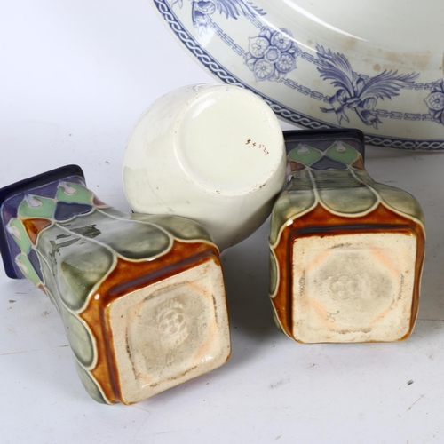 978 - Victorian blue and white oval meat plate, pair of Doulton vases, wash bowl, jug and vase