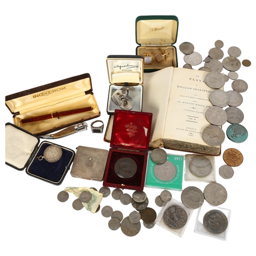 980 - A collection of various pre-decimal English coins and commemorative coins, silver fob, American Libe... 